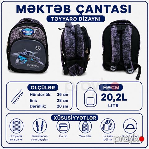 Məktəb çantası, Qara/Boz, 20.2 l, 36x28x20 sm — Bakı