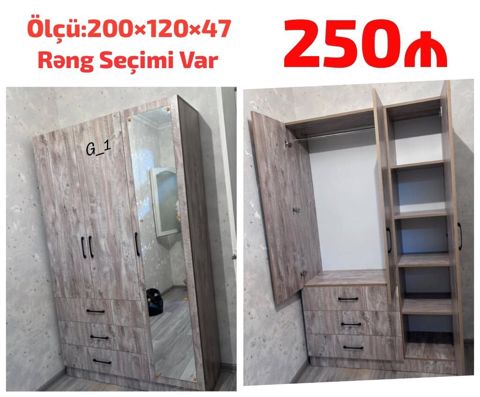 Geyim dolabı – 3 qapılı, güzgülü model Ölçü: 200×120×47 sm Rəng seçimi — Ucuz serfeli Mebel — Şkaflar