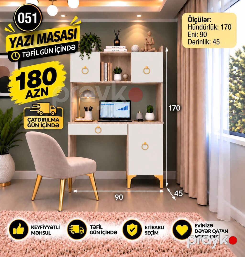 Yazı masası – model 051 Ölçülər: - Hündürlük: 170 sm - Eni: 90 sm — Kompüter masaları və kresloları, Digah (2)