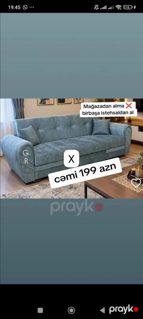 Divan – mavi/boz tonlarda, yumşaq parça üzlük, düyməli bel hissə, enli — Bakı