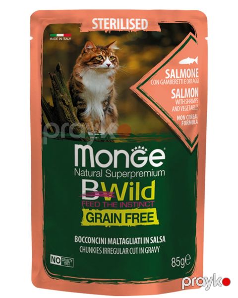 Nəm yem Monge Cat BWild Grain Free Salmon, qısırlaşdırılmış pişiklər üçün qızıl balıq, krevetka və tərəvəzlər ilə, 85 q — Bakı