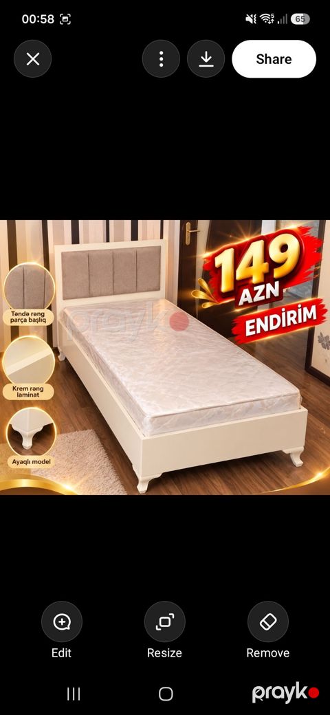 Tək nəfərlik yataq – krem rəng laminat karkas, ayaqlı model. Başlıq — Xırdalan