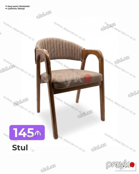 Məhsul: Yumru arxalı, qollu stul - Material: Taxta karkas, yumşaq — Bakı