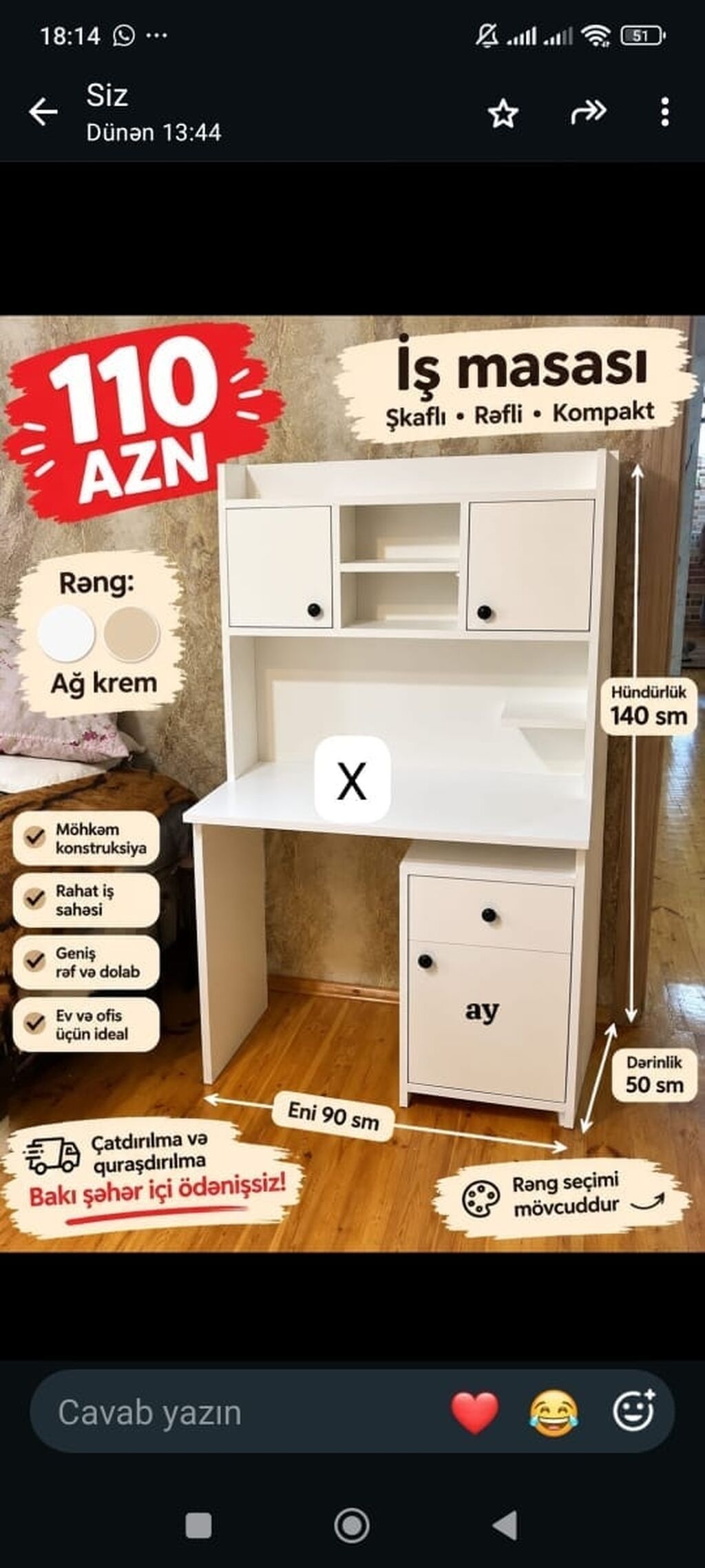 İş masası – şkaflı, rəfli, kompakt model Ölçülər: - Hündürlük: 140 sm — Kompüter masaları və kresloları, Bakı
