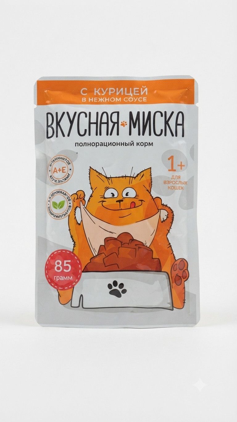 Nəm yem Вкусная миска, yetkin pişiklər üçün, 85 q, Toyuq, Sousda tikələr — Mallar, Bakı