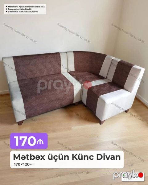 Mətbəx üçün künc divan – 170×120 sm ölçüdə. Rəng seçimi mümkündür — Bakı