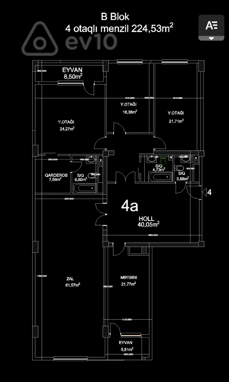 4 otaqlı mənzil, 225 m², Ceyhun Səlimov küçəsi ilə Abdulvahab Salamzadə küçələrinin kəsişməsi — Mənzil, Bakı (4)