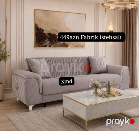Qonaq otağı üçün zərif dizaynlı 3 nəfərlik divan. - Rəng: açıq boz — Bakı
