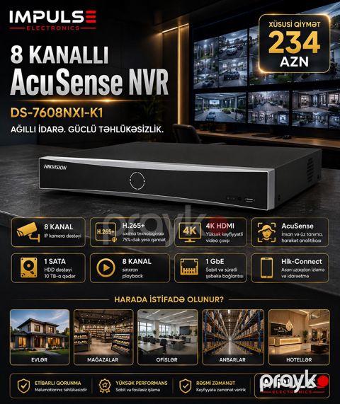 Hikvision 8 Kanal 4K NVR – AcuSense, 10TB — Bakı