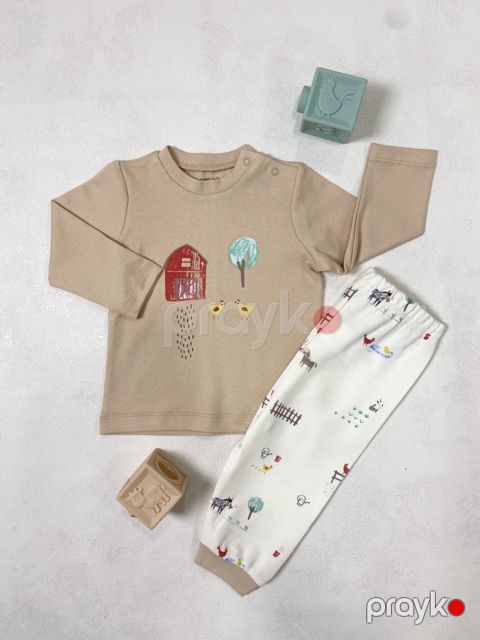 Şalvarlı pijama dəsti 11015, pambıq, bej, ölçü 6-9 ay