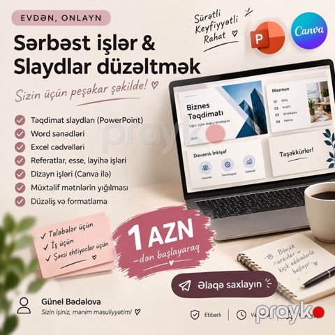 Evdən, onlayn şəkildə sərbəst işlər və slaydların hazırlanması — Bakı