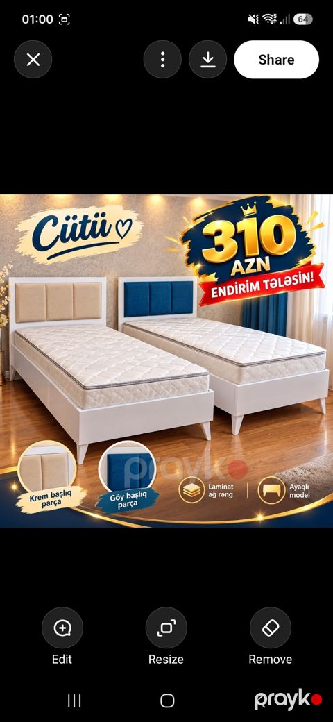 Cütlü tək nəfərlik çarpayı dəsti - Başlıq rəngi seçimi: krem və ya — Xırdalan