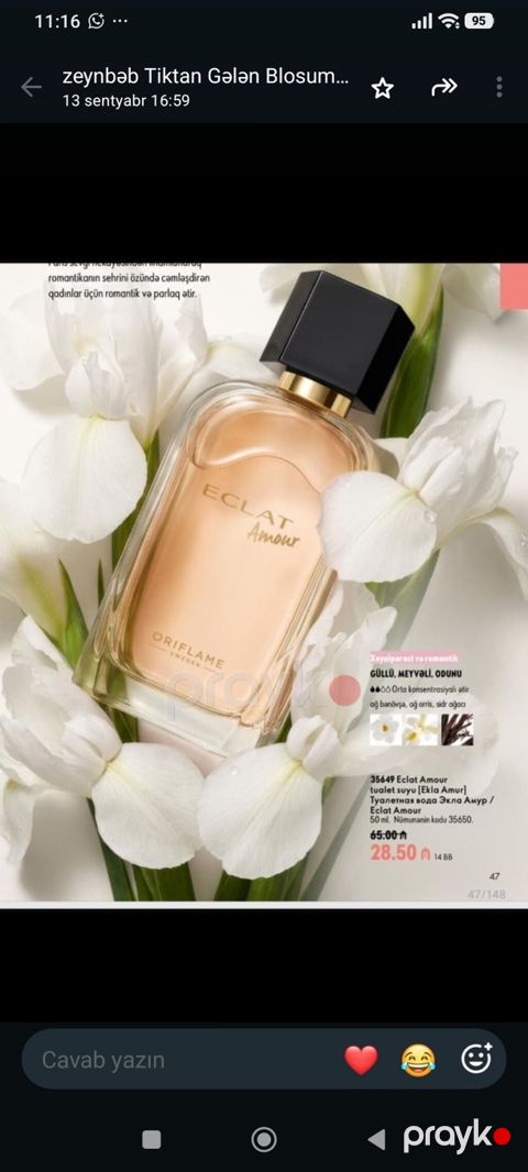 Oriflame Eclat Amour – tualet suyu, 50 ml. - Ətir ailəsi: gül, meyvə