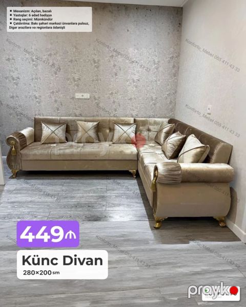 Künc Divan – 280×200 sm Mexanizm: açılan, bazalı (yataq funksiyası — Bakı