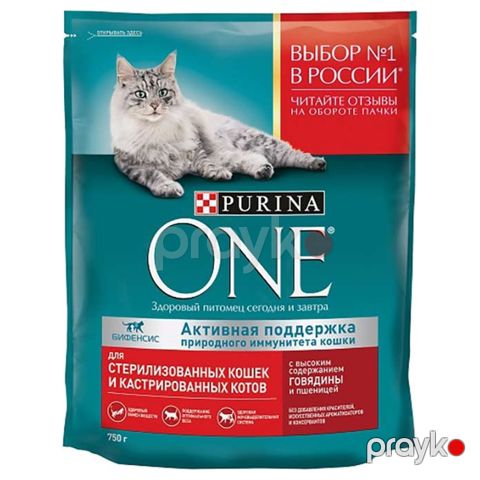 Quru yem Purina One sterilizə olunmuş pişiklər və kastırasiya olunmuş erkək pişiklər üçün, mal əti və buğda ilə 750 q — Bakı