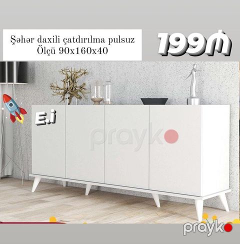 Ağ rəngdə minimal dizaynlı bufet/komod - Ölçü: 90×160×40 sm - Düz