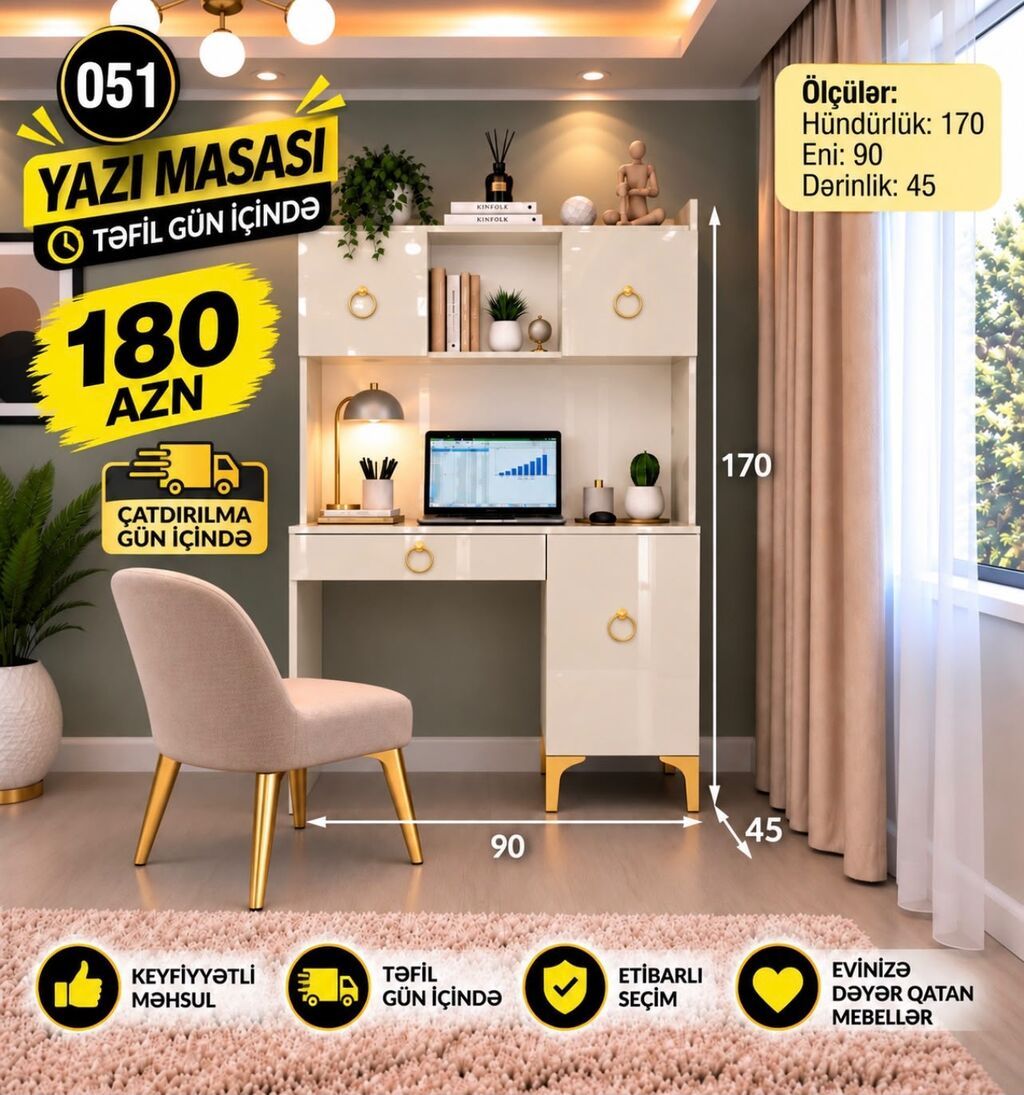 Yazı masası – 051 model Ölçülər: - Hündürlük: 170 sm - En: 90 sm — Kompüter masaları və kresloları, Bakı (6)