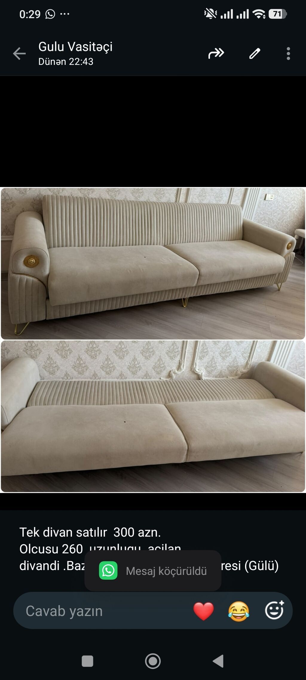 Tek divan satılır 300 azn. Olcusu 260 uzunlugu .acilan divandi — Divanlər, Bakı