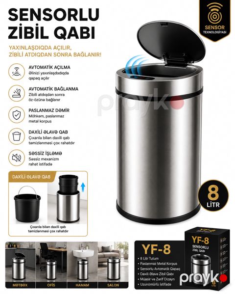 Zibil qutusu YF-8, Paslanmayan polad, 8 L, Gümüşü — Bakı