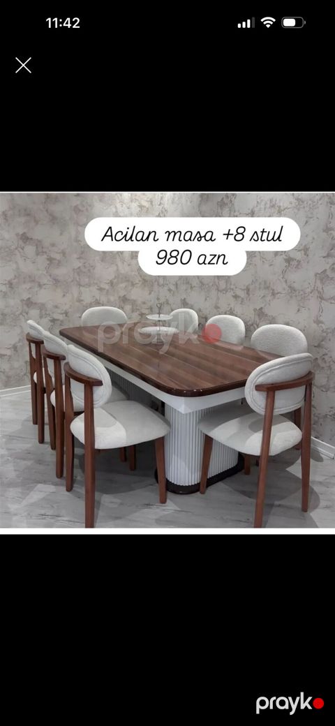 Açılan masa + 8 ədəd stul dəsti - Zərif dizaynlı, açılıb-büzülən — Bakı