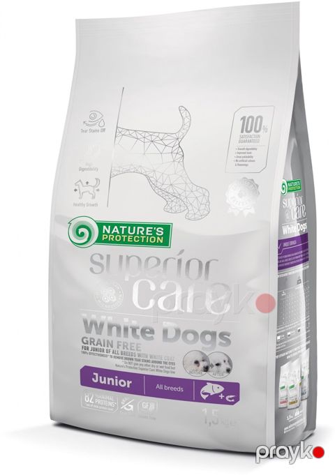 Quru yem Natures Protection Superior Care White Dogs Grain Free Junior All Breeds, 2-10 ay arası ağ rəngli hər cins küçüklər üçün, 1.5 kq — Bakı