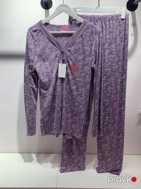 Qadın üçün şalvarlı pijama dəsti, bənövşəyi, pambıq, ölçü L — Bakı