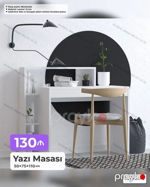 Düz masa, Stulsuz, Polkalı, Siyirməsiz, Sadə laminat — Bakı