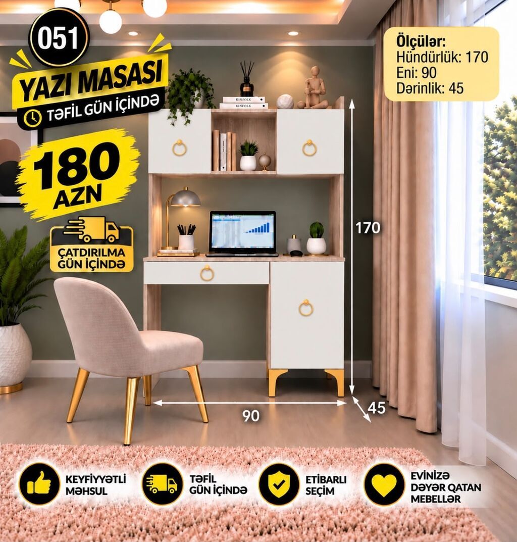 Yazı masası – 051 model Ölçülər: - Hündürlük: 170 sm - En: 90 sm — Kompüter masaları və kresloları, Bakı (4)