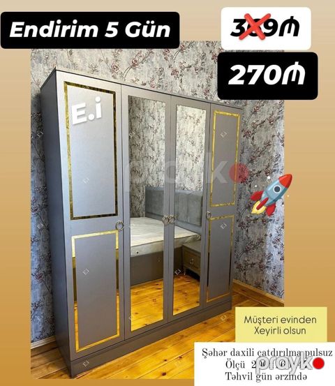 Yeni, 4 qapılı, Güzgülü, Boz, Açılan, Düz dolab — Digah