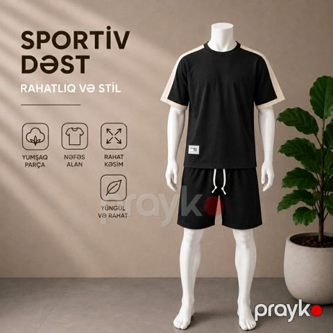 Kişilər üçün şortlu dəst, qara, poliester/pambıq, ölçü 2XL — Bakı