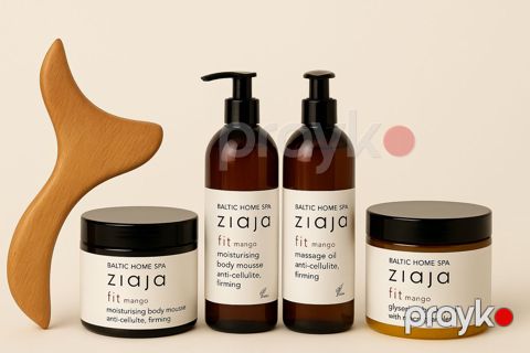 Anti-selülit və toparlayıcı bədənə qulluq dəsti Ziaja Fit Mango (Massaj yağı 500 ml + zərdab 400 ml + muss 300 ml + skrab 300 ml + massaj taxta kürəkciyi) — Bakı