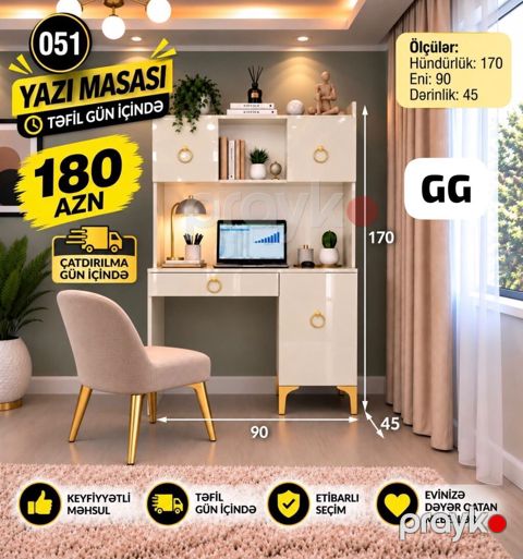 Düz masa, Stulsuz, Polkalı, Siyirməli, Parlaq laminat — Bakı