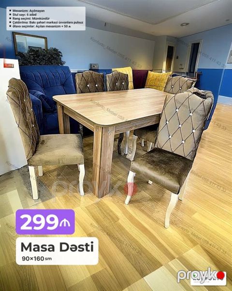 Masa Dəsti – 90×160 sm - Mexanizm: Açılmayan - Stul sayı: 6 ədəd — Bakı
