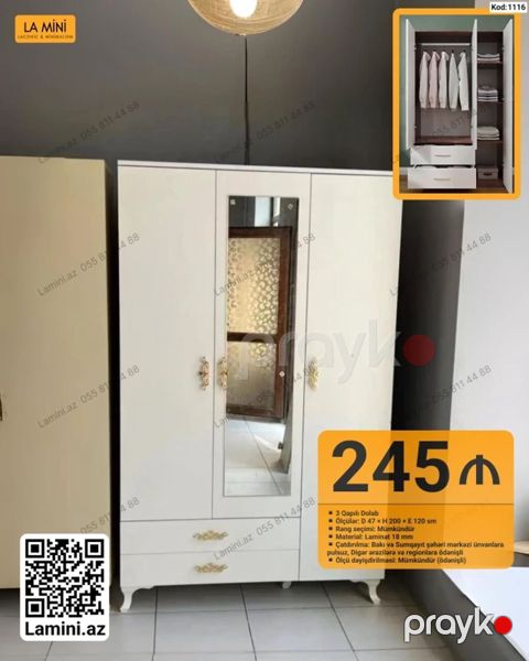 3 qapılı paltar dolabı - Kod: 1116 - Ölçülər: Dərinlik 47 sm — Bakı