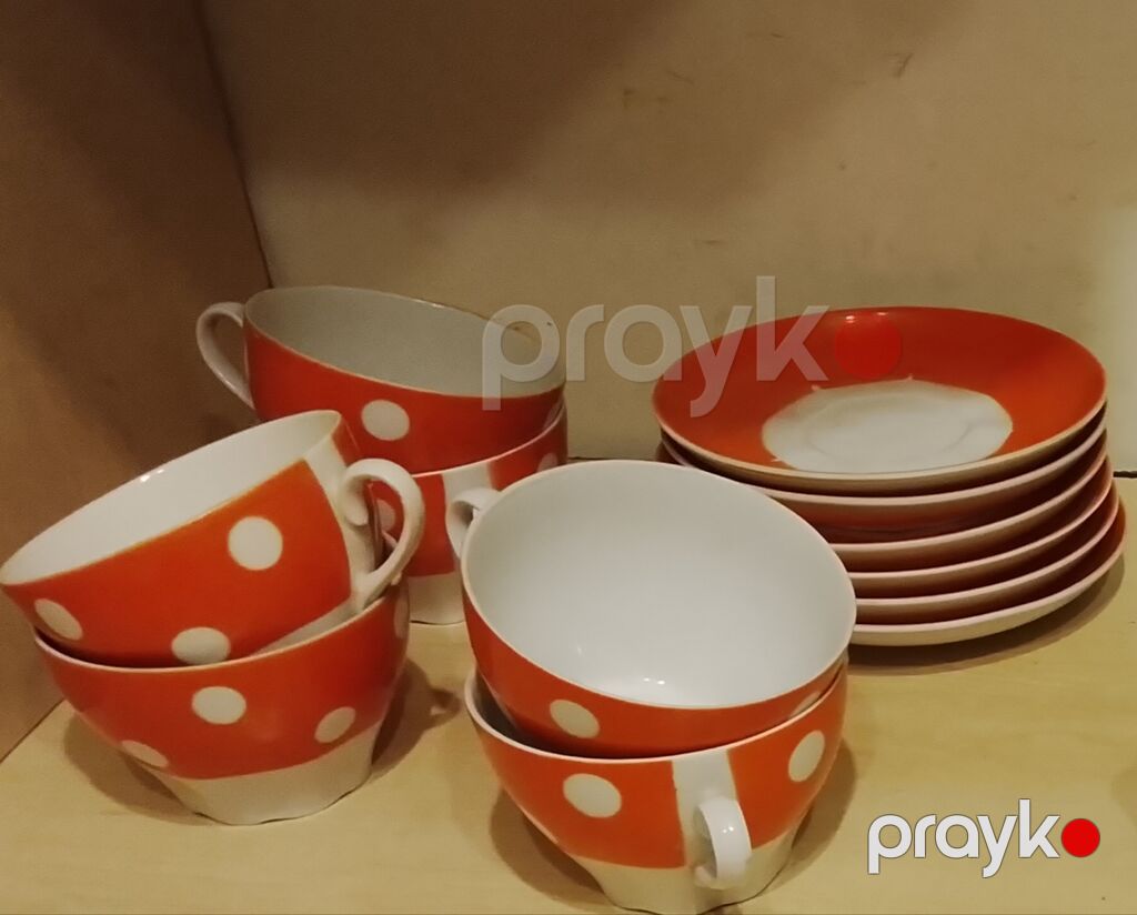 Çay dəsti, rəng - Narıncı, Keramika, 6 nəfərlik, Çexiya — Süfrə qabı, Bakı (2)