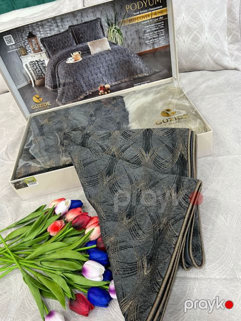 Örtük və yastıq üzü dəsti Güzide GZD0170-2703, qara, parça şanel, örtük 260x260 sm, yastıq üzü 2 ədəd - 50x70 sm, dekor yastıq 1 əd — Bakı