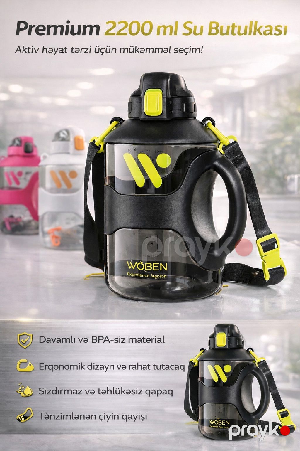 İdman üçün su butulkası 99355416, qara, 2.2 l — Mallar, Bakı (2)