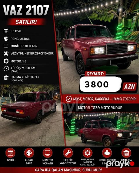 Aynur92 kod1004 qiymət: 3800 AZN¹⁵⁰ vaz 2107 satılır İl: 1998