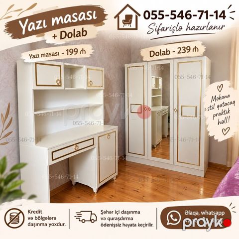 Yazı masası və şkaf dəsti - Rəng: ağ, qızılı haşiyələrlə - Üslub — Bakı