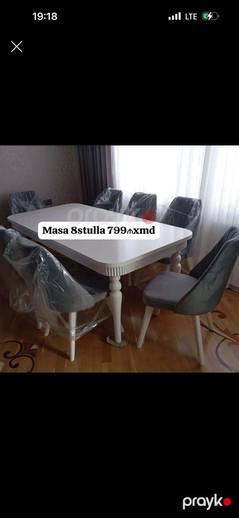 Masa və 8 ədəd stul dəsti - Dəst: 1 ədəd düzbucaqlı ağ yemək masası + — Bakı