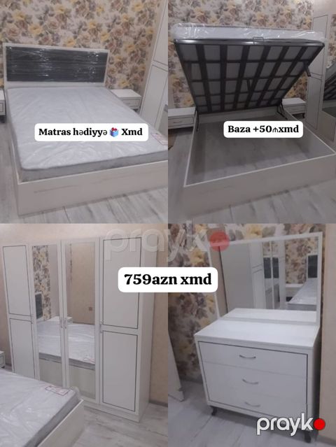 Ağ rəngdə müasir yataq otağı dəsti. Dəst tərkibi: - Çarpayı — Mehdiabad