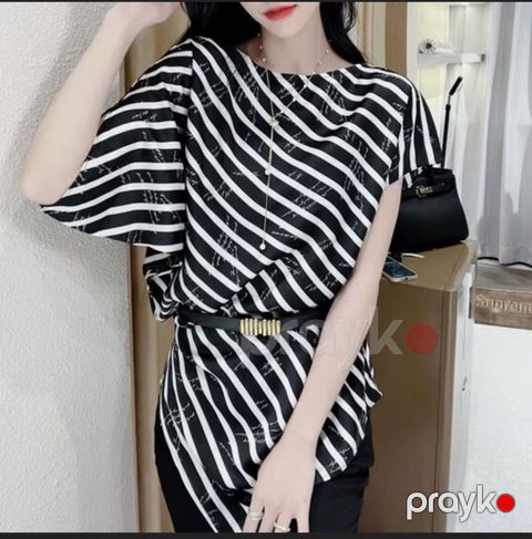 Qadınlar üçün qısaqol bluz EL15-0805, qara/ağ, ipək, ölçü One Size — Bakı