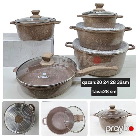 Qab-qacaq dəsti Uaker ZTW-AB127, qranit, qəhvəyi, 20/24/28/24/32 sm, 5 parça — Bakı