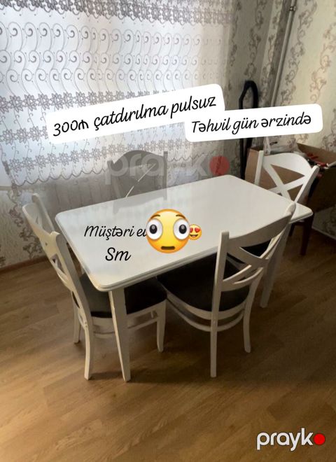 Ağ rəngli yemək masasının dəsti - Dəst: düzbucaqlı masa + 4 ədəd