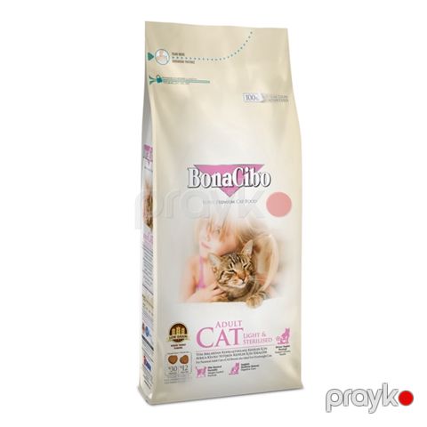 Quru yem BonaCibo Super Premium Light & Sterilised yetkin pişiklər üçün, toyuq əti və düyü ilə, 1 kq çəki ilə — Bakı