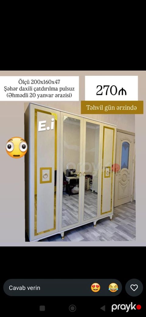 Məhsul: 4 qapılı paltar dolabı - Ölçü: 200 x 160 x 47 sm - Dizayn: Ağ