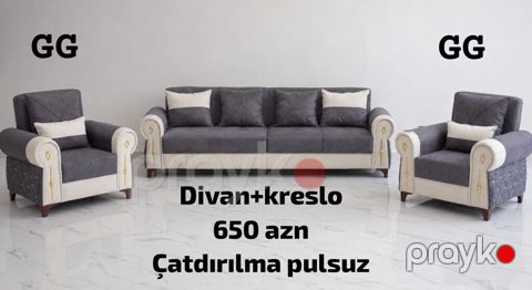 Divan+kreslo dəsti - 3 nəfərlik divan və 2 ədəd geniş kreslo - Rəng — Bakı