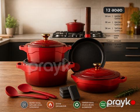 Yemək hazırlanması üçün qab-qacaq dəsti, qranit, qırmızı, 12 parça — Bakı