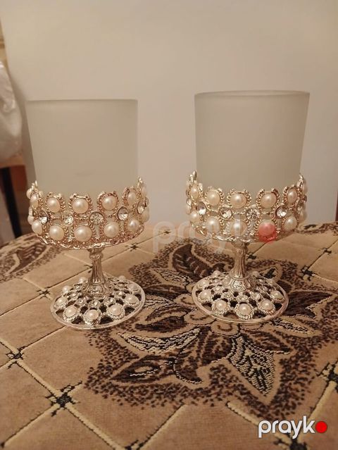 Bəzəkli şam şamdanları dəsti (2 ədəd) - Material: buzlu şüşə giliz və — Bakı