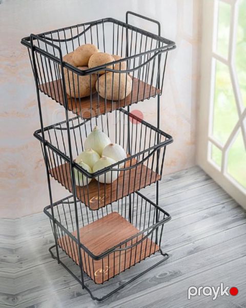 Etajerka meyvə və tərəvəz üçün vm419, taxta/metal, qara, 3 mərtəbəli, 27x26x69 sm — Bakı